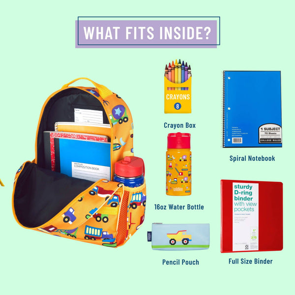 An open yellow school backpack with a bus print is shown on a light mint background with labeled items inside: a crayon box, spiral notebook, water bottle, pencil pouch, and full size binder.
