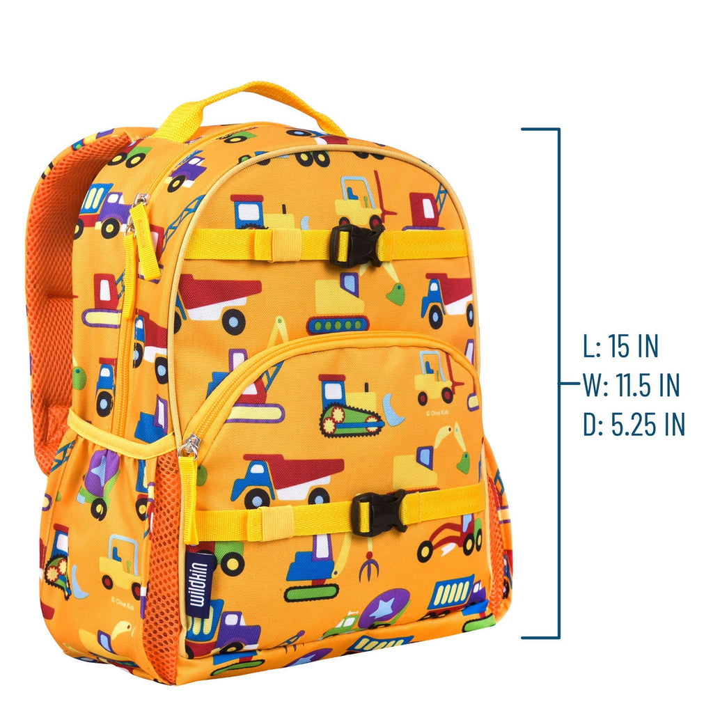 A bright orange children's backpack with a colorful construction vehicle print, shown with a size measurement bracket and text indicating dimensions: L: 15 IN, W: 11.5 IN, D: 5.