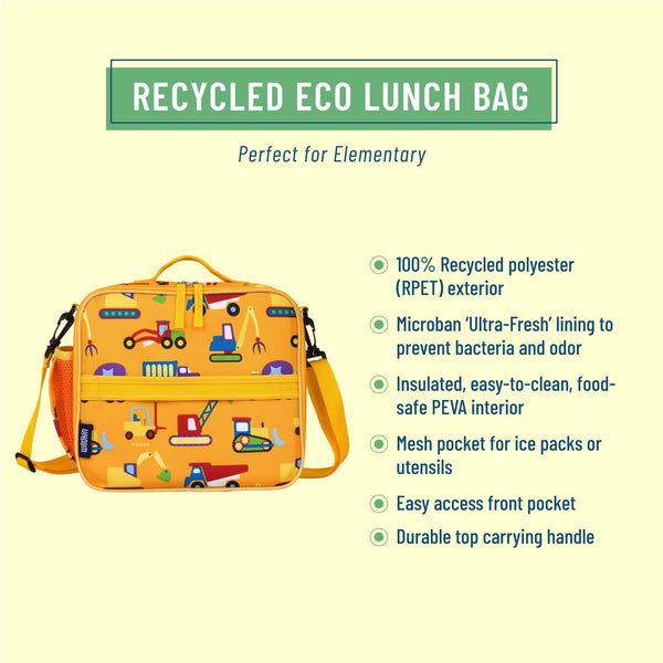 A yellow recycled polyester lunch bag with a colorful construction vehicle print, shown on a pale yellow background with text describing its eco-friendly features and bullet points.