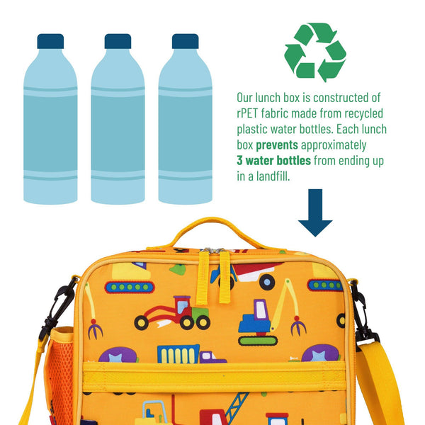 A yellow lunch box with a colorful construction-themed print, shown on a white background with three illustrated water bottles, a recycling symbol, and text explaining that the lunch box prevents approximately 3 water bottles from ending up in a landfill.