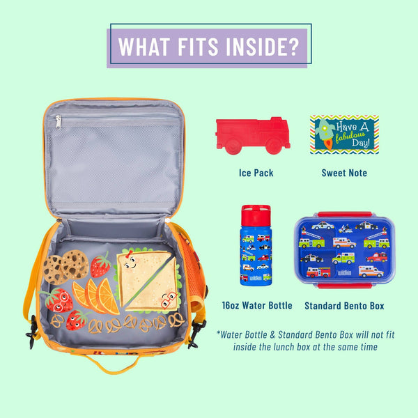 A lunch box capacity infographic on a pale mint background. The open orange and yellow lunch box is shown with illustrated food items inside, plus labeled accessories that fit inside: an ice pack, a sweet note, a 16oz water bottle, and a standard bento box.