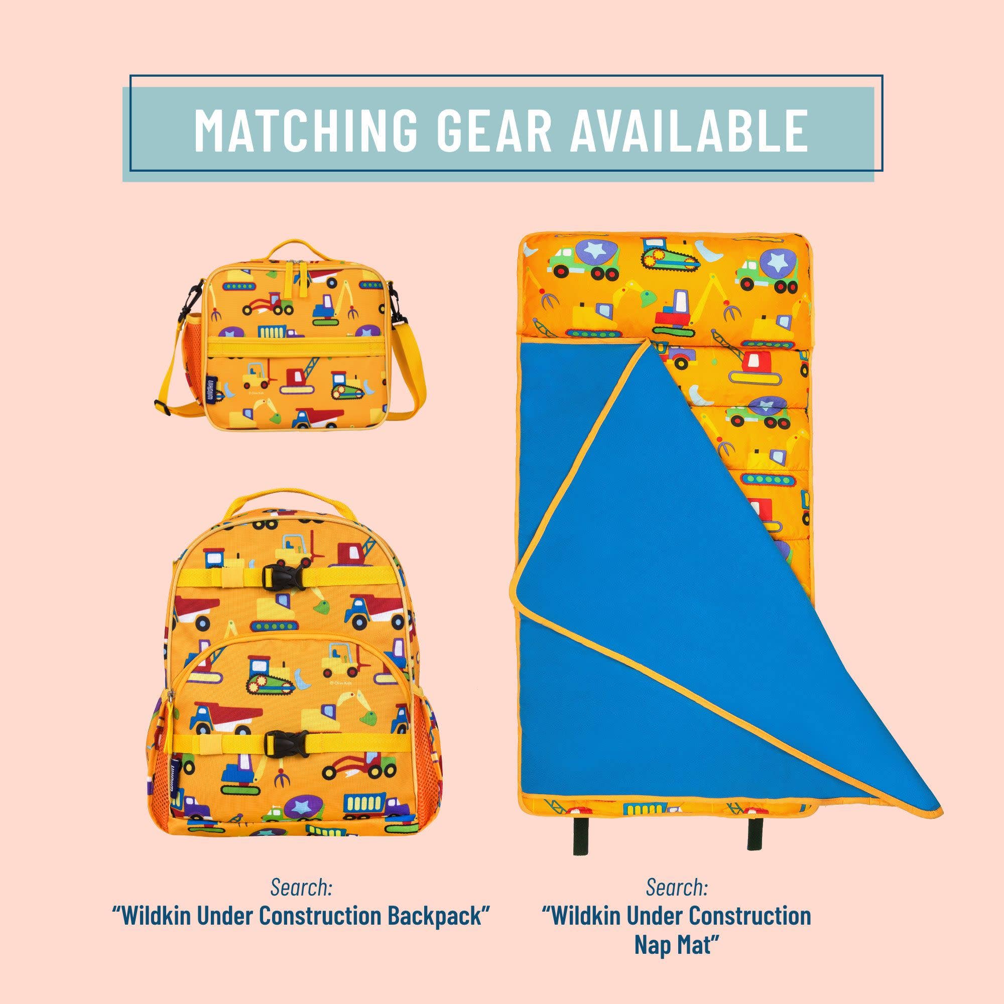Matching children's gear set featuring a yellow construction-themed backpack and a matching nap mat on a pale pink background, with text indicating matching gear is available.