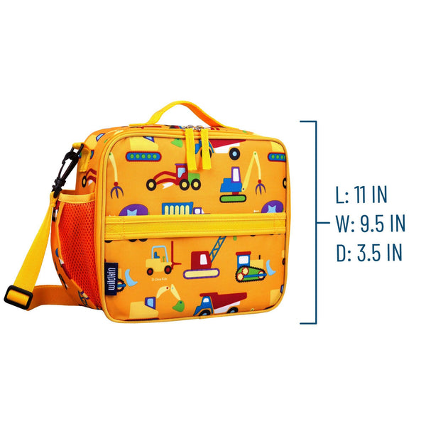 A yellow lunch bag with a colorful construction vehicle print, shown on a white background with a measurement bracket and text indicating dimensions: L: 11 IN, W: 9.5 IN, D: 3.
