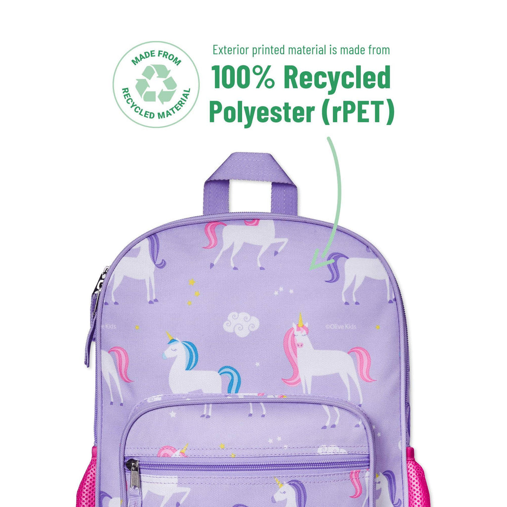 A light purple rPET backpack with a white unicorn pattern and colorful manes, shown on a white background with text highlighting its recycled polyester material.