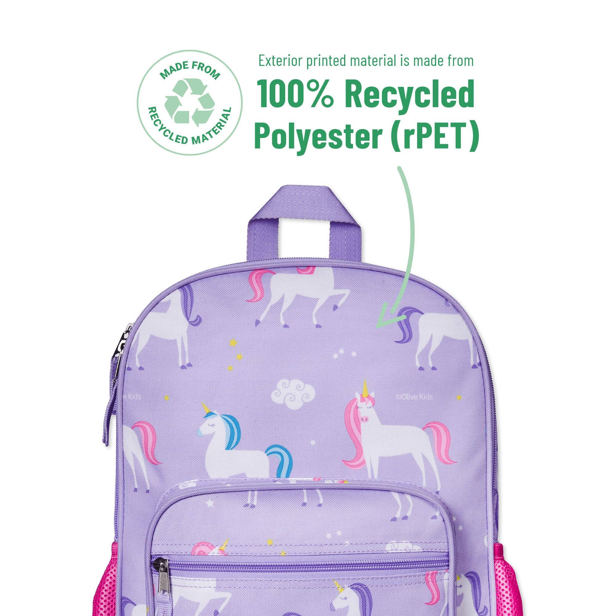 A light purple rPET backpack with a white unicorn pattern and colorful manes, shown on a white background with text highlighting its recycled polyester material.