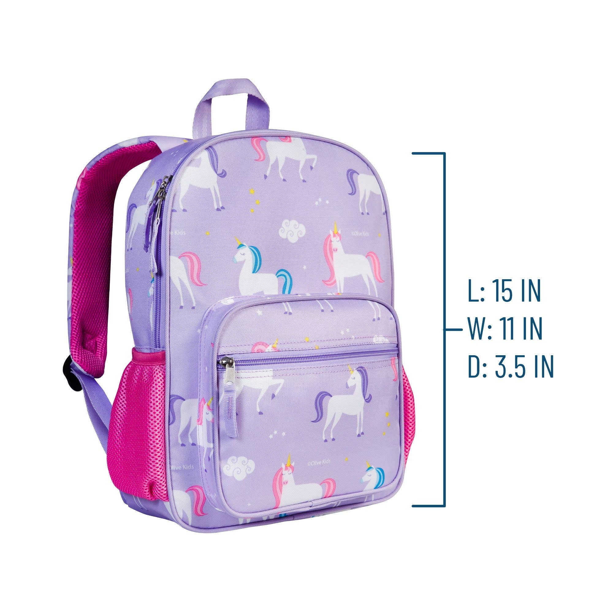 A lavender purple school backpack with a unicorn pattern, pink mesh side pockets, and a top handle, shown with a size measurement bracket and text indicating dimensions.
