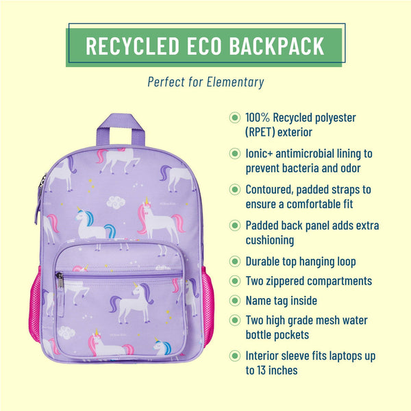 A pastel purple recycled eco backpack with a unicorn pattern, shown on a pale yellow background with marketing text and bullet points describing its features.