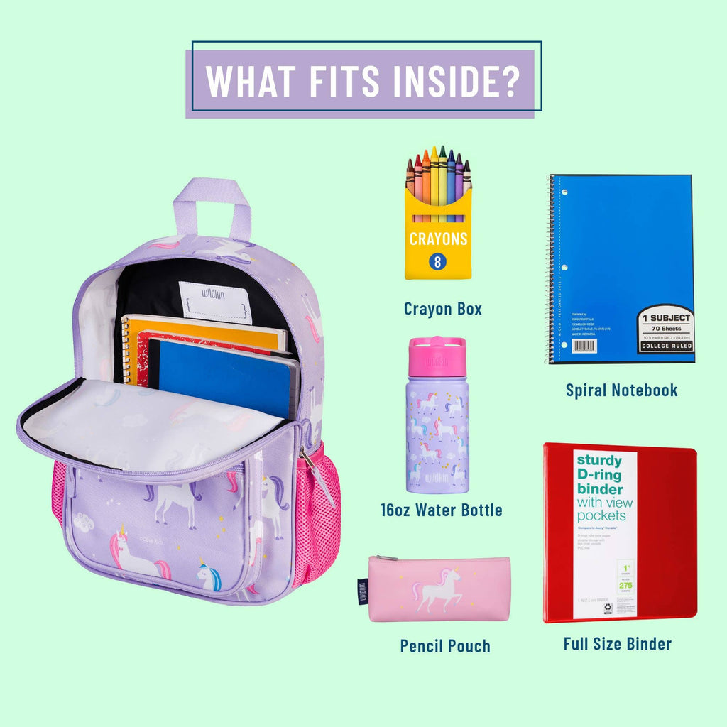 A pastel lavender school backpack with unicorn prints is shown open on a mint green background, with labeled accessories inside: a crayon box, spiral notebook, water bottle, pencil pouch, and full size binder.