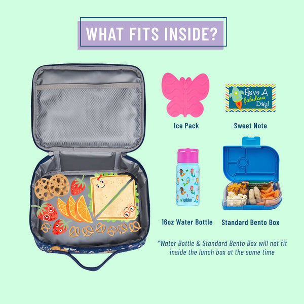 Lunch box with compartments and items that fit inside on a light green background