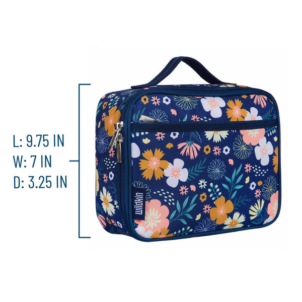 Floral-patterned lunch bag with dimensions on a white background