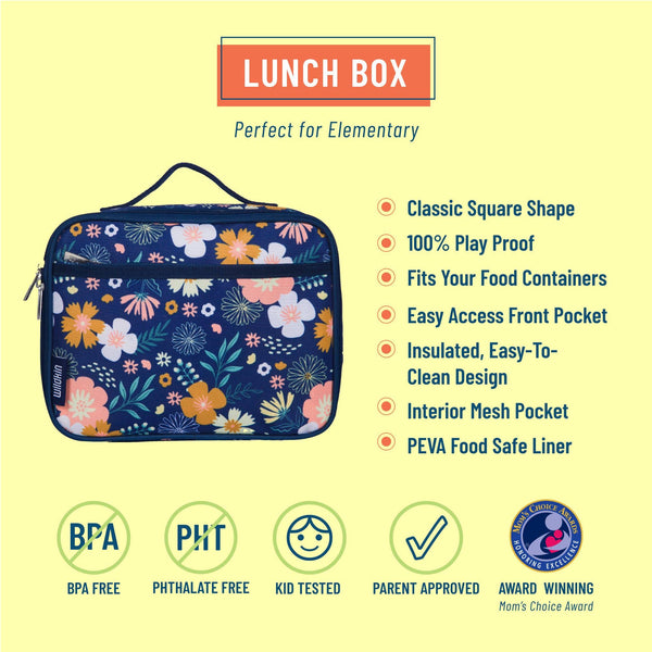 Floral-patterned lunch box with features listed on a yellow background