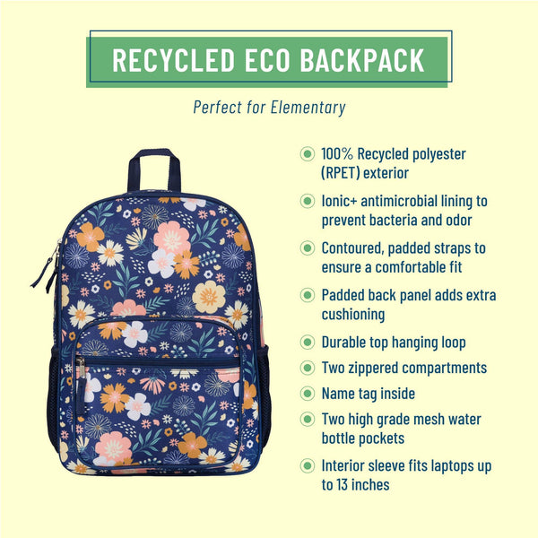 A floral-patterned recycled eco backpack on a pale yellow background with text highlighting its features, including 100% recycled polyester exterior, antimicrobial lining, padded straps, and two mesh water bottle pockets.