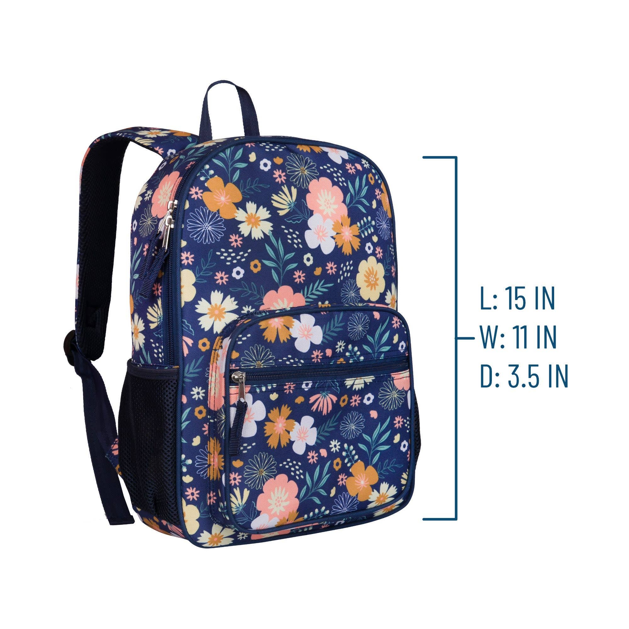 A navy blue backpack with a colorful floral print, shown with dimension lines and text indicating its measurements: L: 15 IN, W: 11 IN, D: 3.5 IN.
