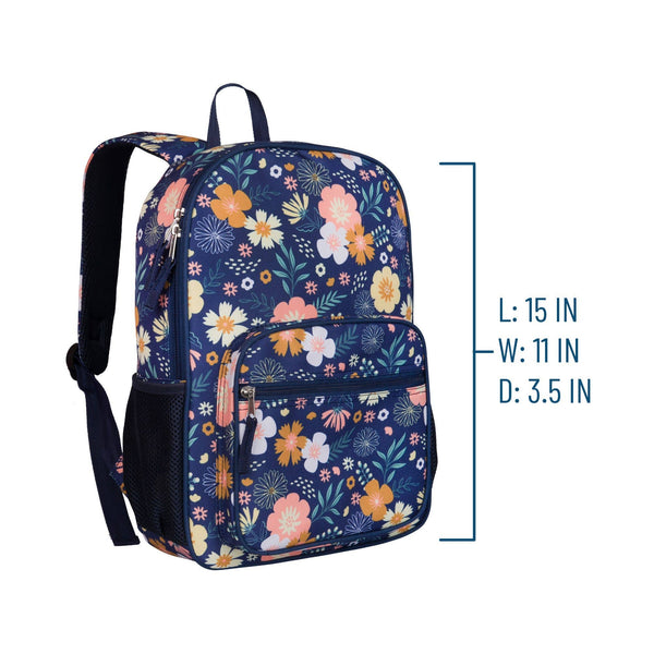 A navy blue backpack with a colorful floral print, shown with dimension lines and text indicating its measurements: L: 15 IN, W: 11 IN, D: 3.5 IN.