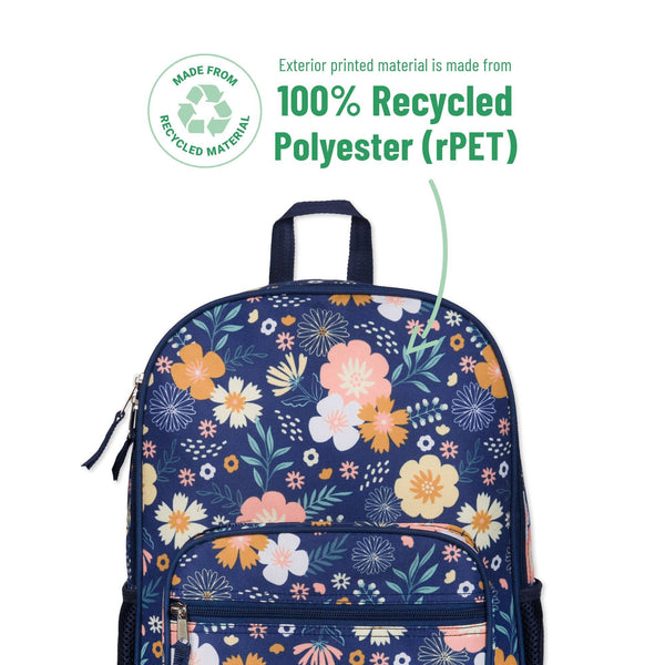 A navy blue backpack with a colorful floral print, featuring text overlays that state '100% Recycled Polyester (rPET)' and a 'Made from Recycled Material' badge.