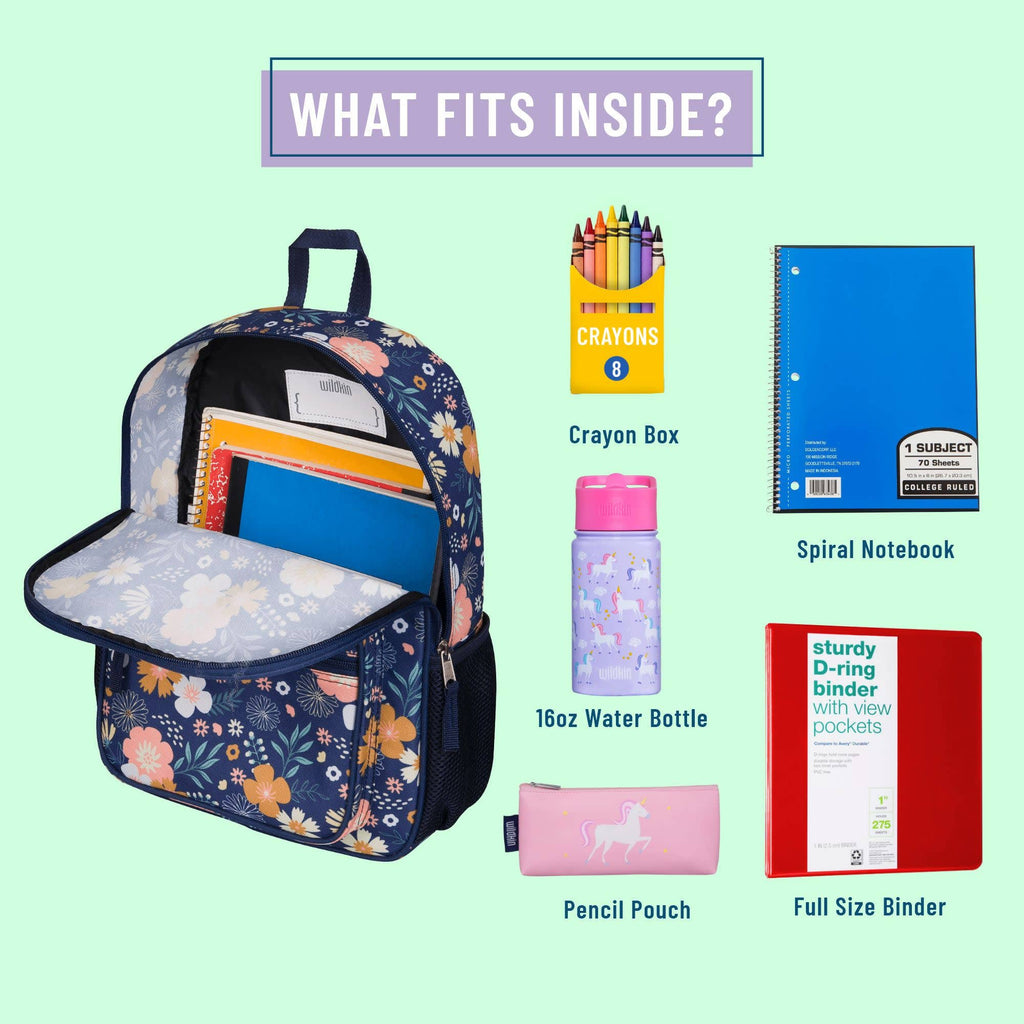 Backpack with school supplies including a crayon box, spiral notebook, water bottle, pencil pouch, and binder on a light green background.