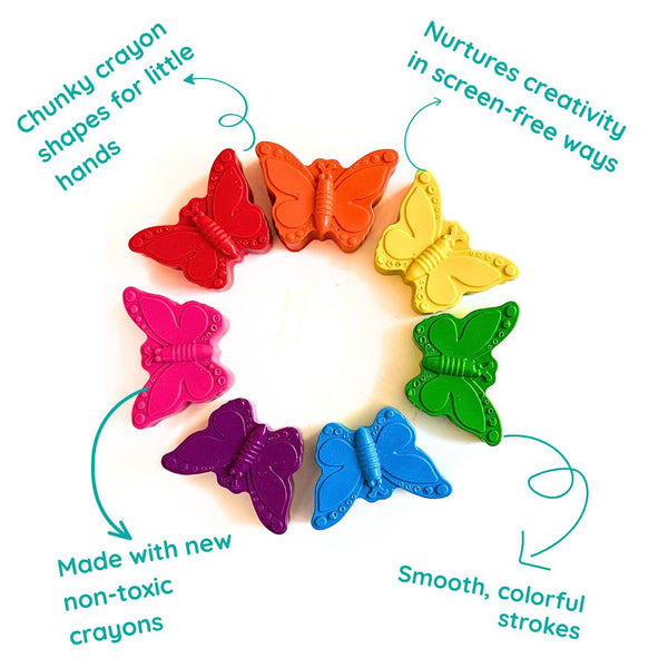Colorful butterfly-shaped crayons arranged in a circle with text describing their features.