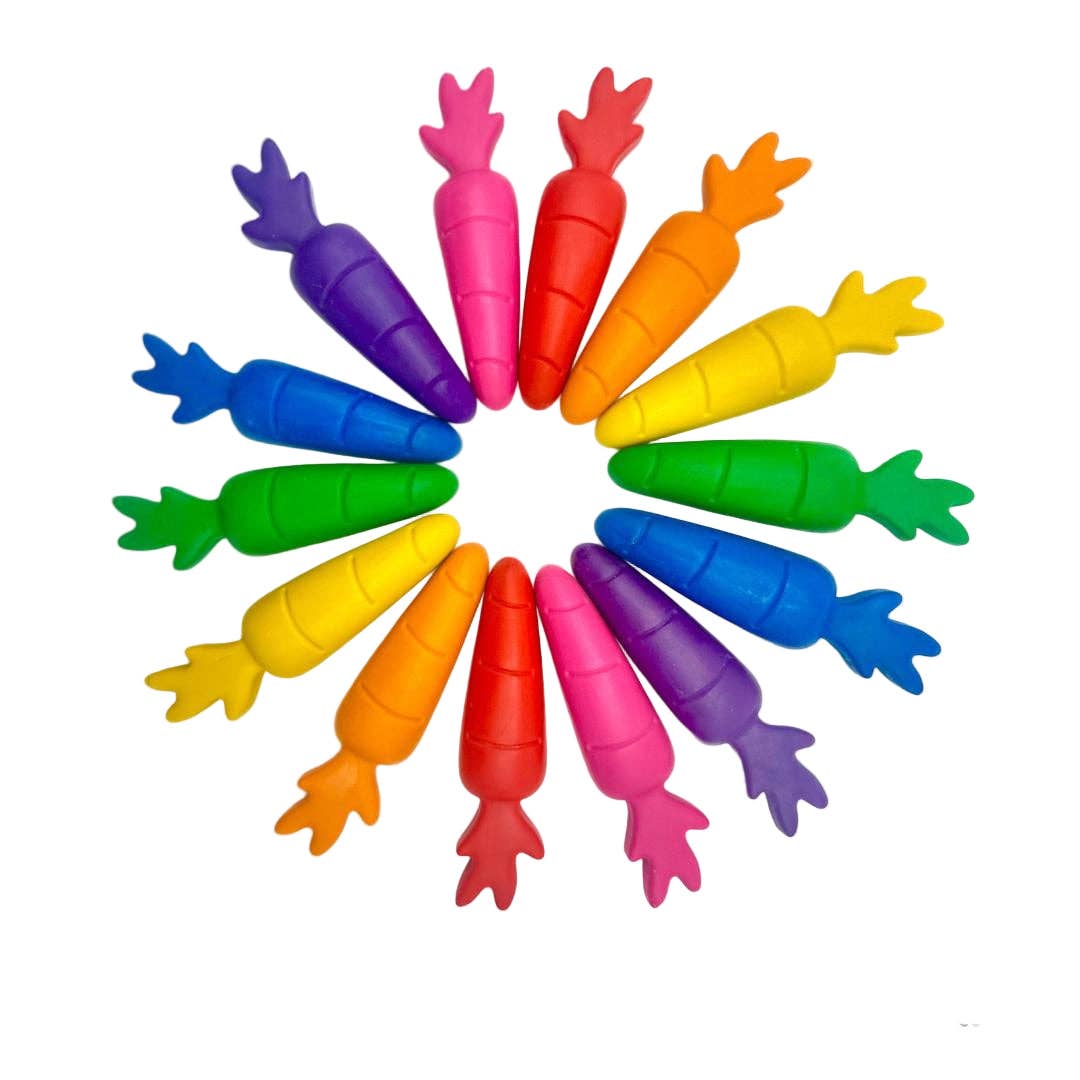 Colorful carrot-shaped toys arranged in a circular pattern on a white background