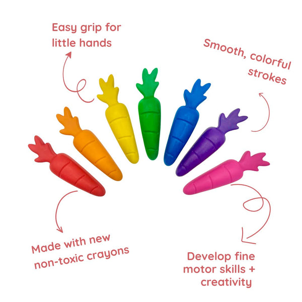 Colorful carrot-shaped crayons with text highlighting features on a white background
