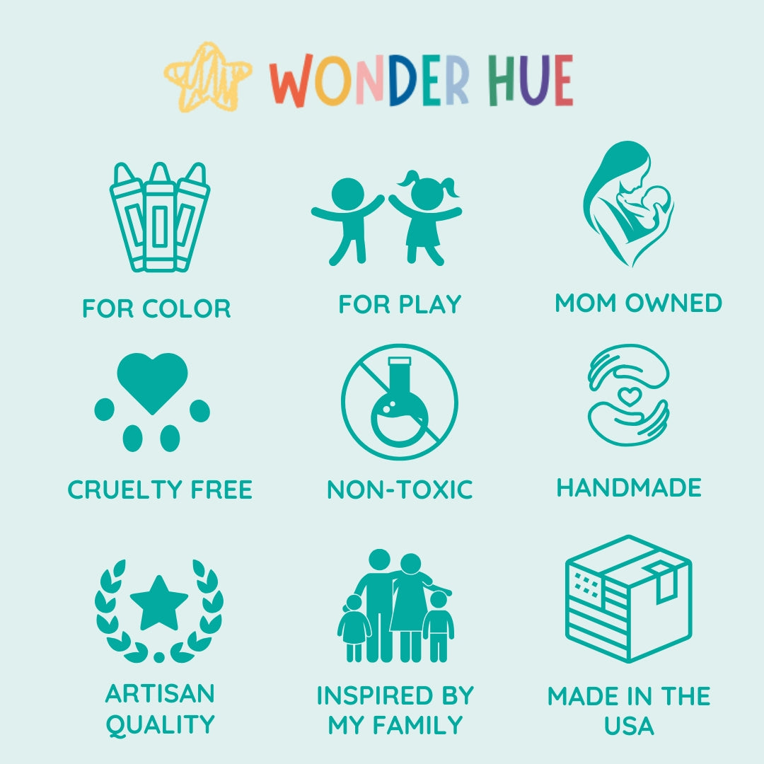 Icons and text about Wonder Hue products on a light blue background