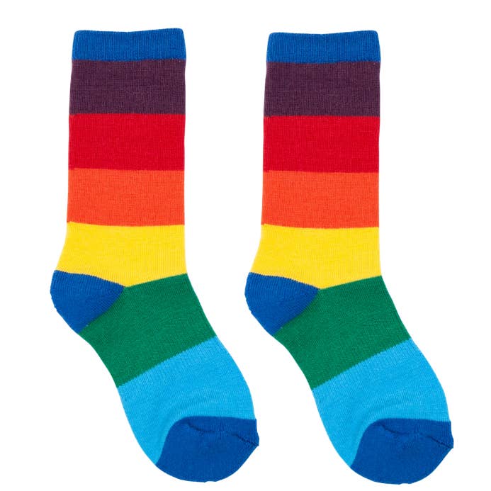 Colorful striped socks with red, orange, yellow, green, and blue on a white background