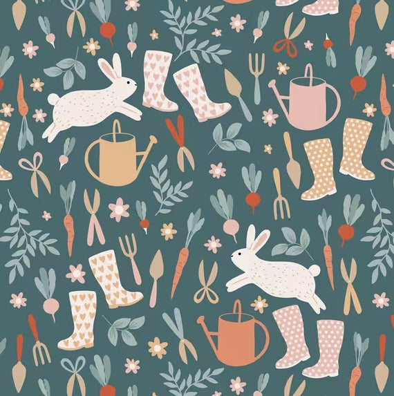 Pattern with rabbits, boots, gardening tools, and vegetables on a blue background