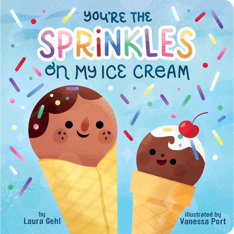 Book cover with two ice cream cones and colorful sprinkles on a blue background