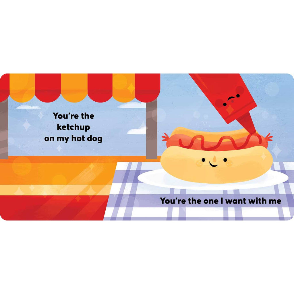 Illustration of a hot dog with ketchup being added, set against a colorful background.