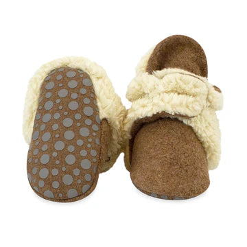 Pair of brown slippers with white fur lining on a white background