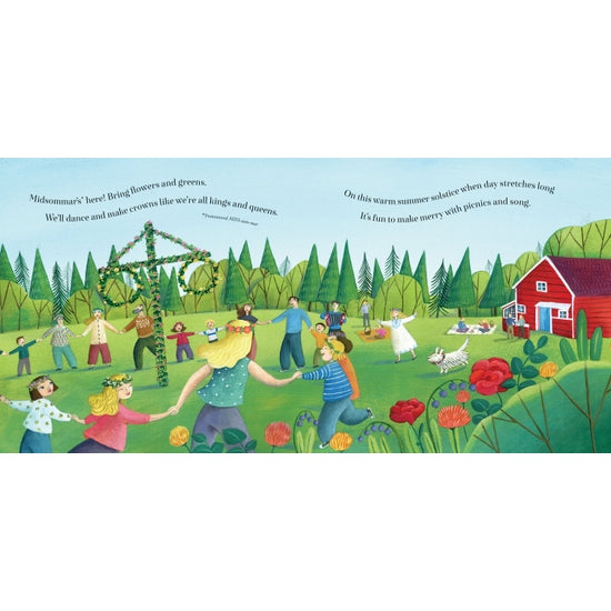 Barefoot Books - Let's Celebrate! Special Days Around the World book open with illustration of midsommar celebration