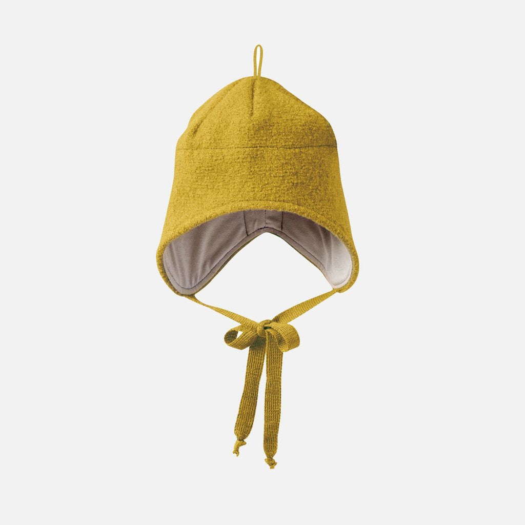 A gray Disana boiled wool hat with ties for adjustment, displayed against a white background.