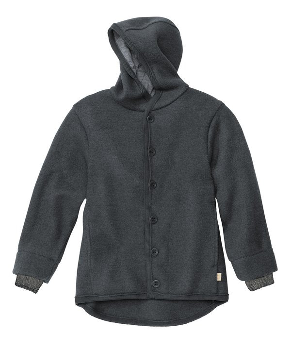 A gray Disana boiled wool jacket for children, featuring a large hood, button-up front, and knitted cuffs.