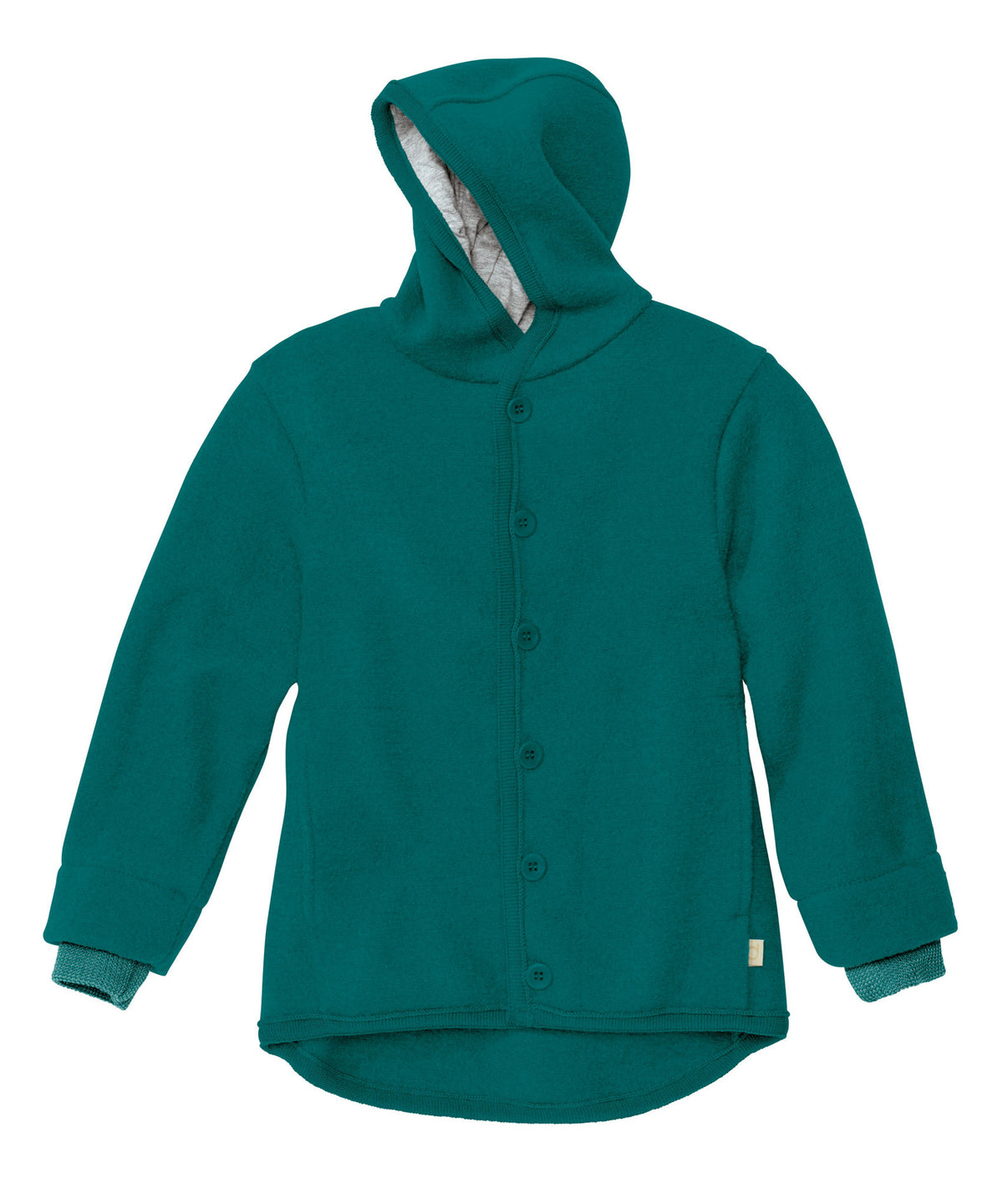 A teal Disana boiled wool jacket for children, featuring a large hood, button-up front, and knitted cuffs.