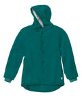A teal Disana boiled wool jacket for children, featuring a large hood, button-up front, and knitted cuffs.