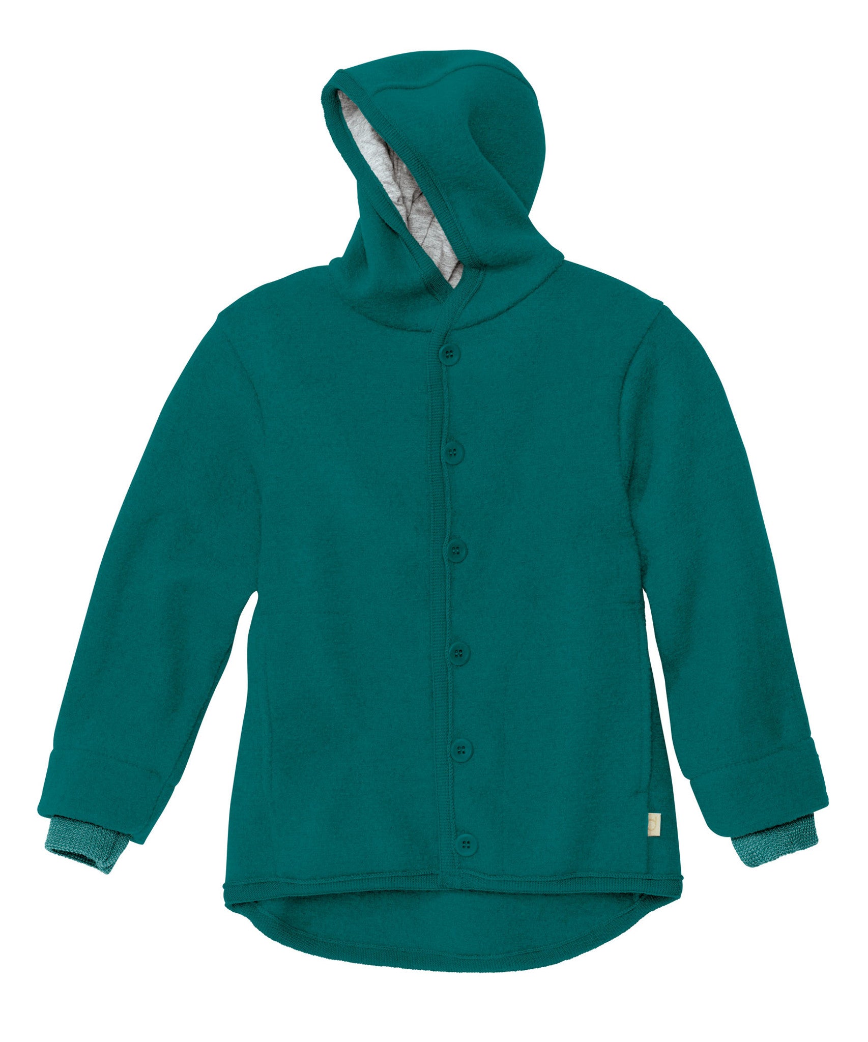 A teal Disana boiled wool jacket for children, featuring a large hood, button-up front, and knitted cuffs.