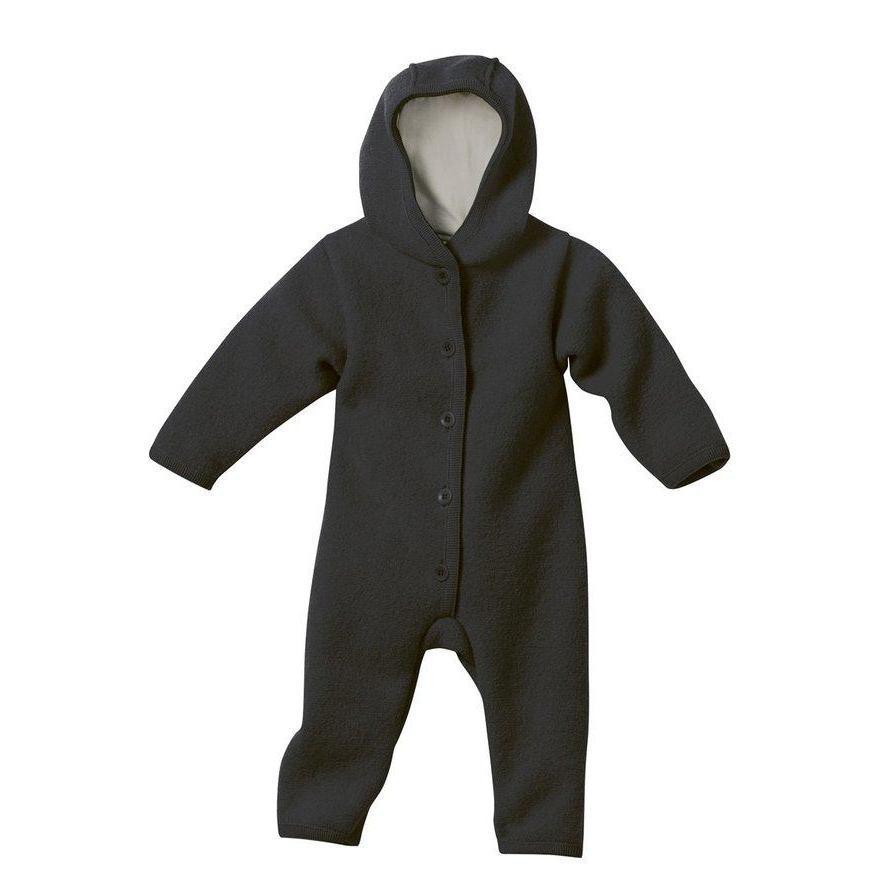 A dark charcoal gray hooded baby snowsuit or one-piece romper with long sleeves and legs, shown against a plain off-white background.