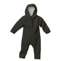 A dark charcoal gray hooded baby snowsuit or one-piece romper with long sleeves and legs, shown against a plain off-white background.