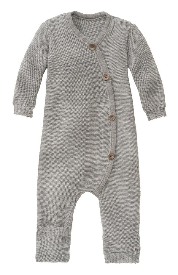 A grey knitted merino wool baby overall with a button placket and foldable cuffs.