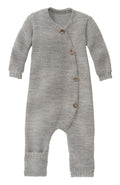 A grey knitted merino wool baby overall with a button placket and foldable cuffs.