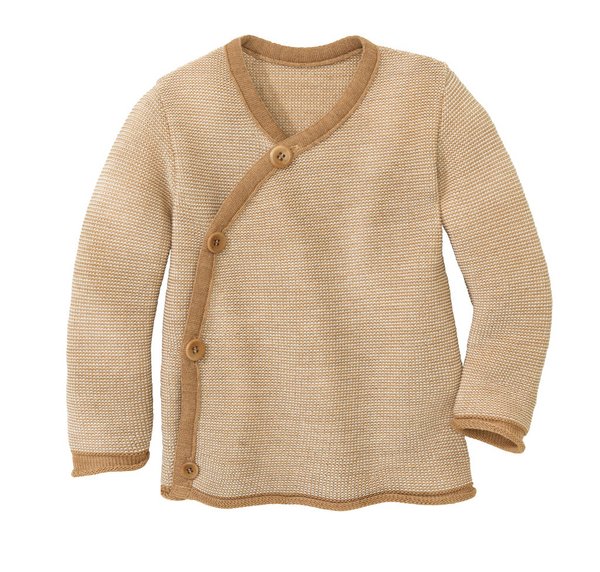 A beige Disana Melange Jacket for babies, featuring a wrap closure and tagua nut buttons.