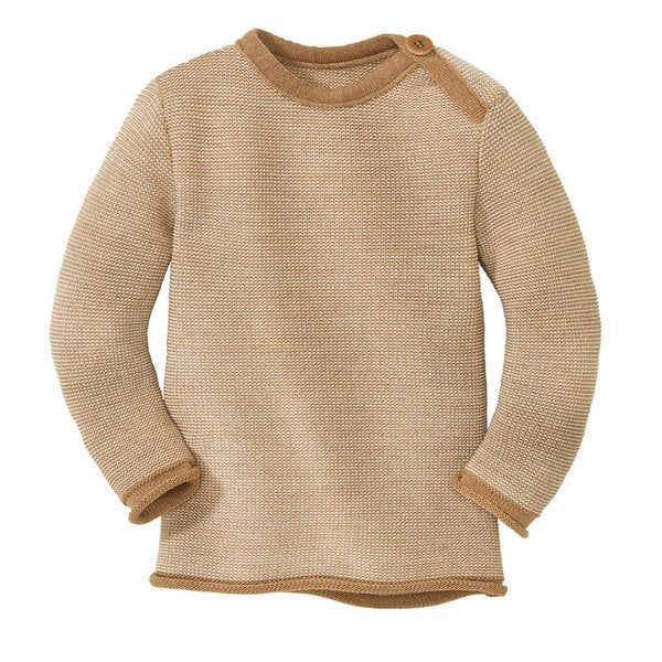 A beige baby jumper with long sleeves, featuring button fastening on the left shoulder and contrast color tipping on the sleeve cuffs and hem.