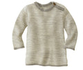 A beige baby jumper with long sleeves, featuring button fastening on the left shoulder and contrast color tipping on the sleeve cuffs and hem.