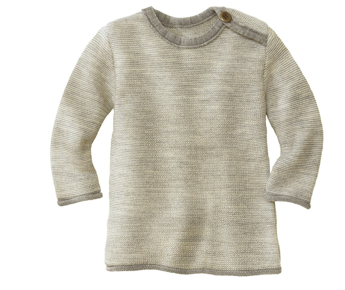 A beige baby jumper with long sleeves, featuring button fastening on the left shoulder and contrast color tipping on the sleeve cuffs and hem.