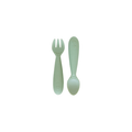 Packaged mini utensils consisting of a fork and spoon designed for toddlers, with a green color and sensory features.