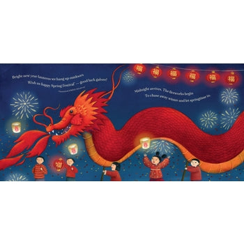 Barefoot Books - Let's Celebrate! Special Days Around the World book open with red dragon illustration