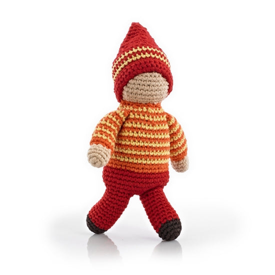 A collection of colorful, handcrafted pixie rattle toys, featuring different colors and patterns, designed for babies.