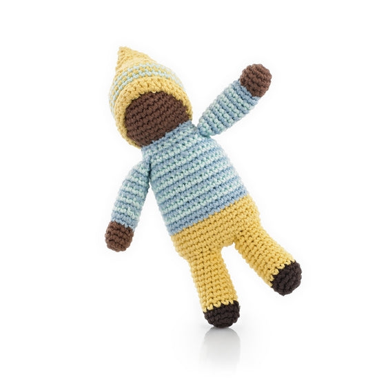 A collection of colorful, handcrafted pixie rattle toys, featuring different colors and patterns, designed for babies.