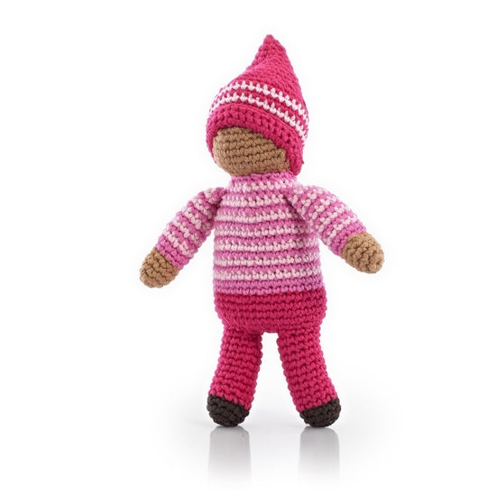 A collection of colorful, handcrafted pixie rattle toys, featuring different colors and patterns, designed for babies.