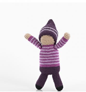 A collection of colorful, handcrafted pixie rattle toys, featuring different colors and patterns, designed for babies.